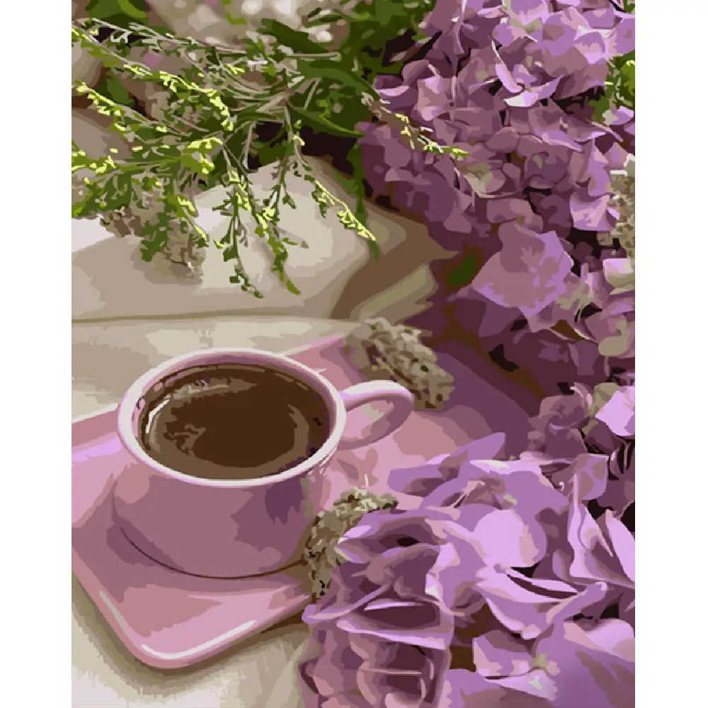 gs1035 Pictura pe numere "Hortensii violet cu cafea", 40x50 cm (GS1035) - imagine 1