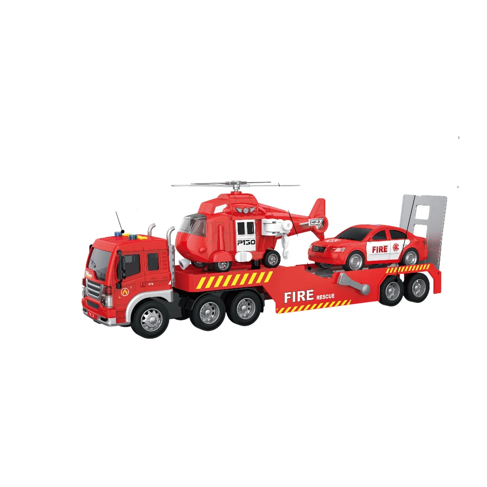 WY578B Camion transport pompieri cu trailer, mașină și elicopter - cu inerție, lumini și sunete - 1:16 - WY578B ,Wenyi (25789) - imagine 1