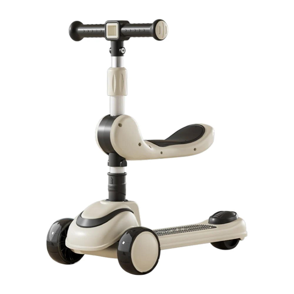 JSCM918(1) Trotinetă pentru copii 2 în 1 cu scaun, 3 roți luminoase, muzică și lumini, bej, RTM Scooter (91800) - imagine 1