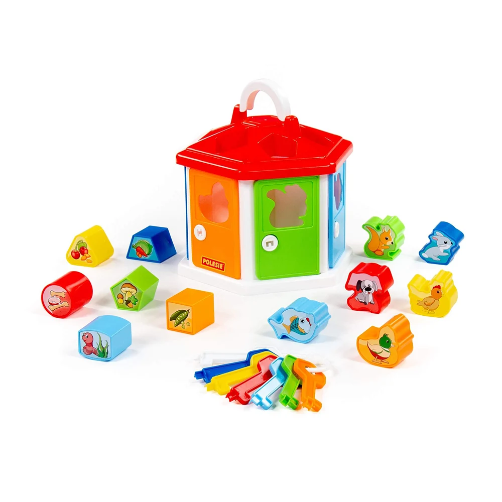 casuta-educativa-jucarii-copii(2) Căsuță educativă cu sorter de forme, chei și animale, Polesie (6011) - imagine 1