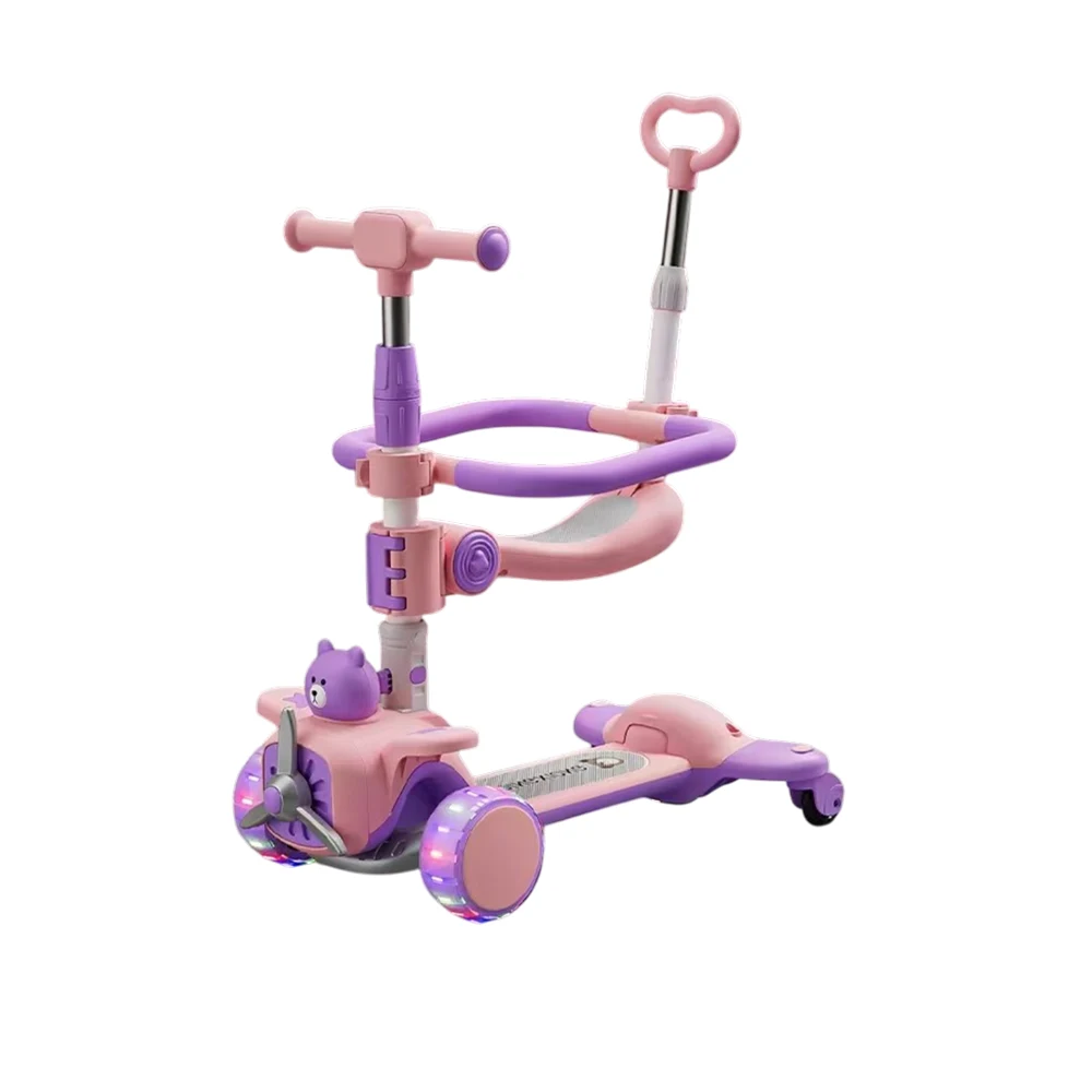 JSCW6447(14) Trotinetă pentru copii 6 în 1 cu scaun, mâner parental, roți luminoase și muzică, roz, RTM Scooter (91238) - imagine 1